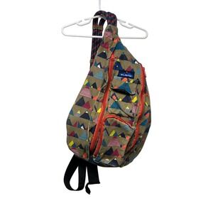 Kavu Rope Bag Geometric Mountain Print Canvas Sling Crossbody Backpack Tan Multi